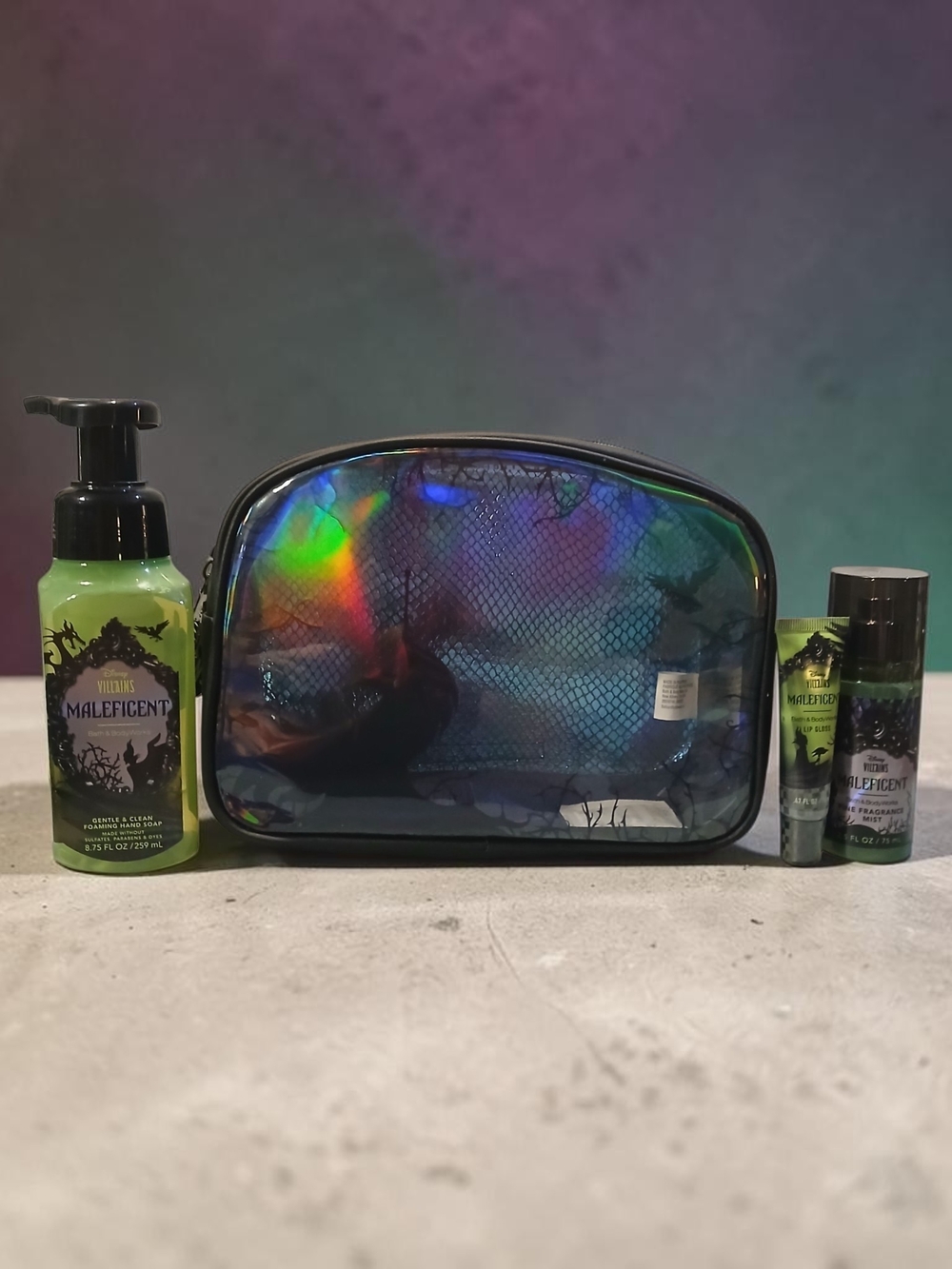 Malficient Bag, Hand Soap, Lip Gloss And Fragrance Spray